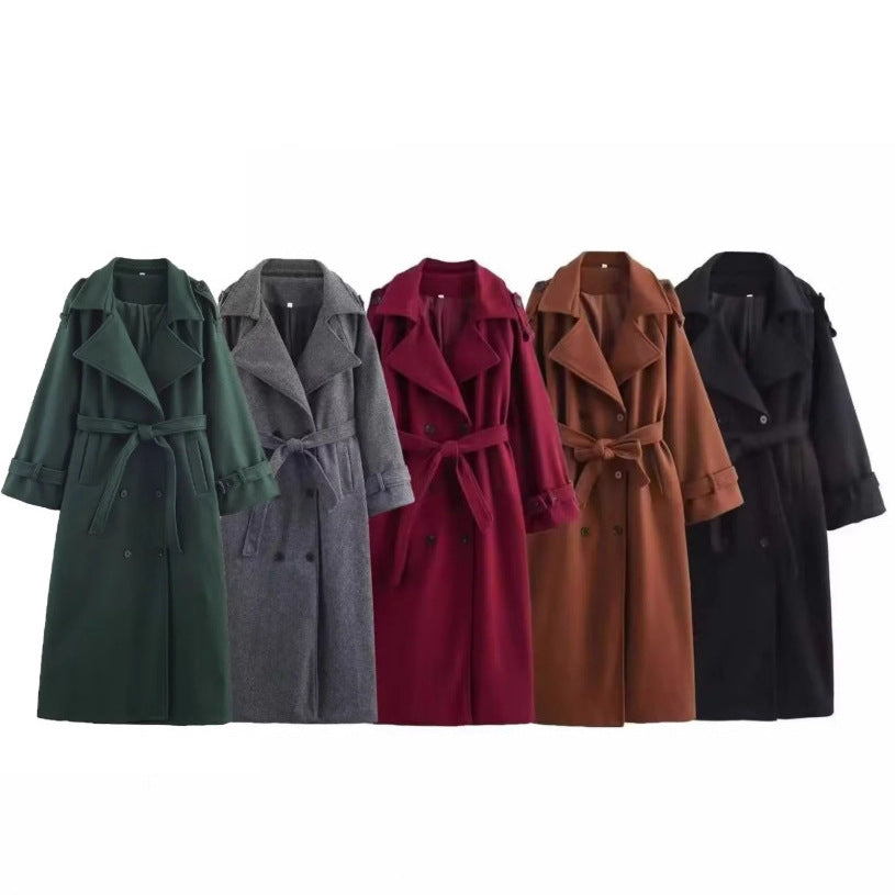 Women's Fashion Casual With Belt Long Woolen Coats