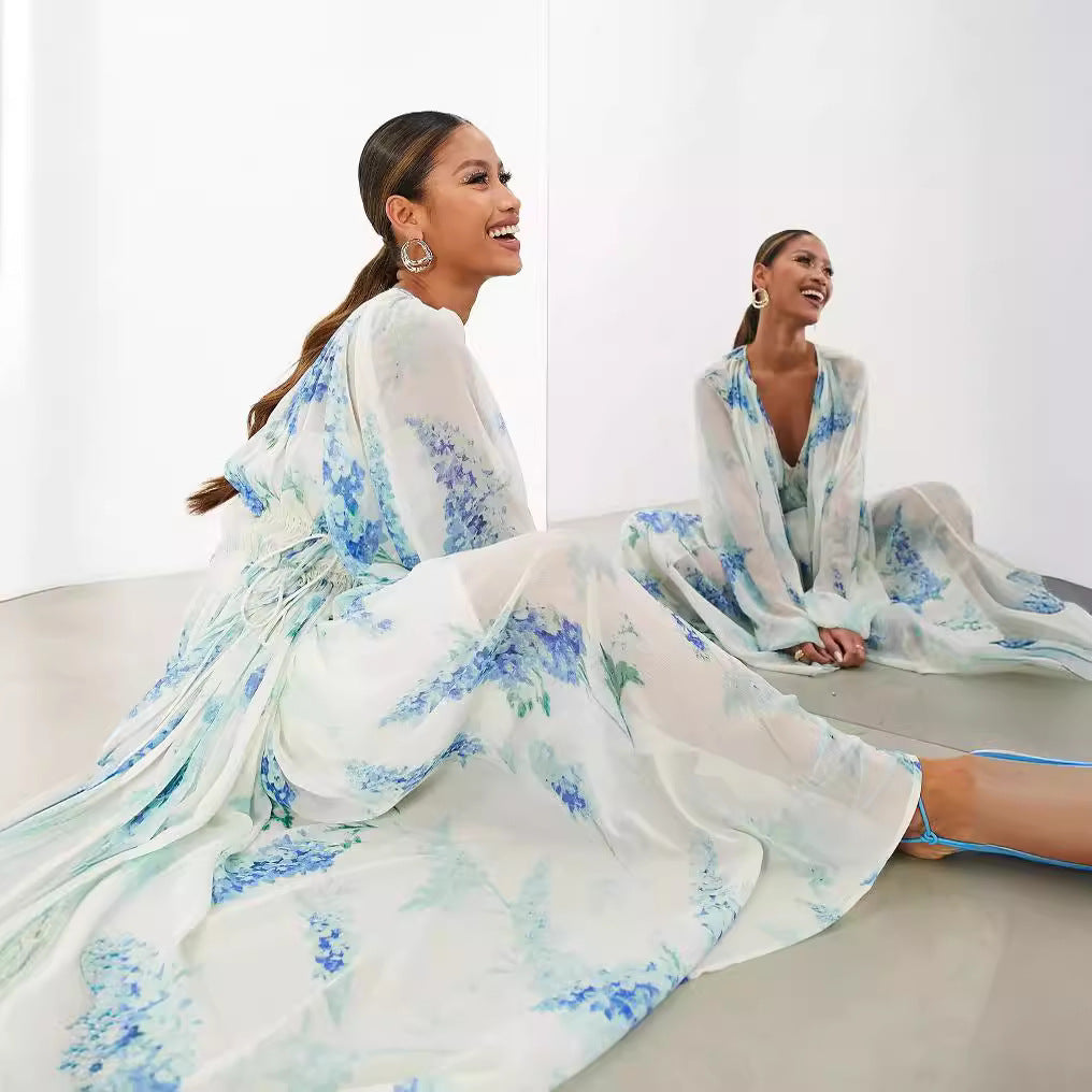 Women's Printed Chiffon Dress Collar Pleated Waist Dresses