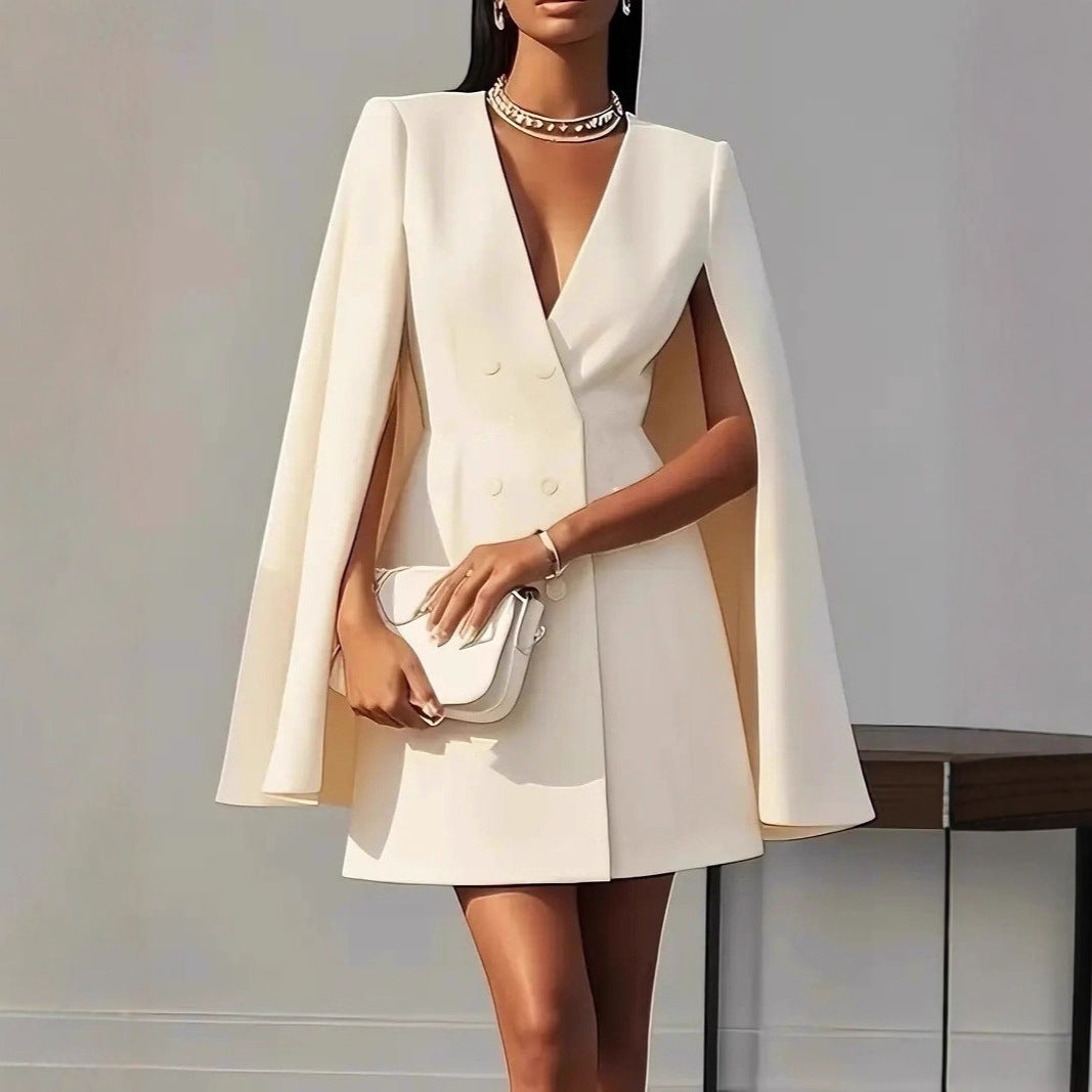 Women's Autumn Commuter Double Breasted Shawl Cape Solid Dress
