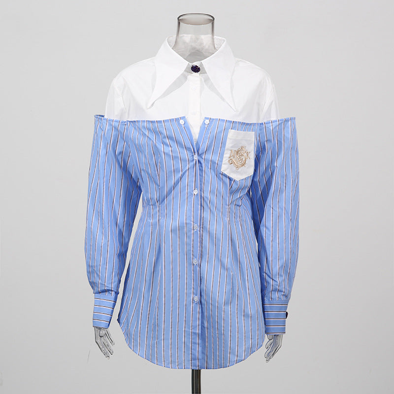 Women's Design Long Sleeve Striped Stitching Fake Two-piece Blouses