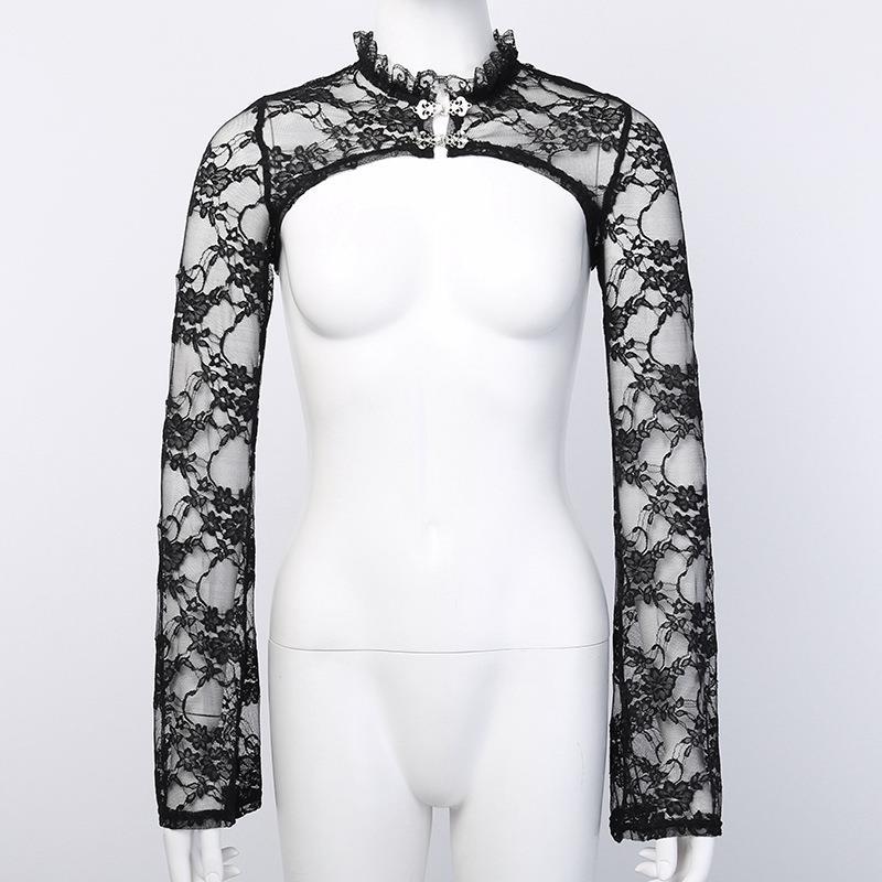 Bell Sleeve Black Stand-up Collar V Blouses