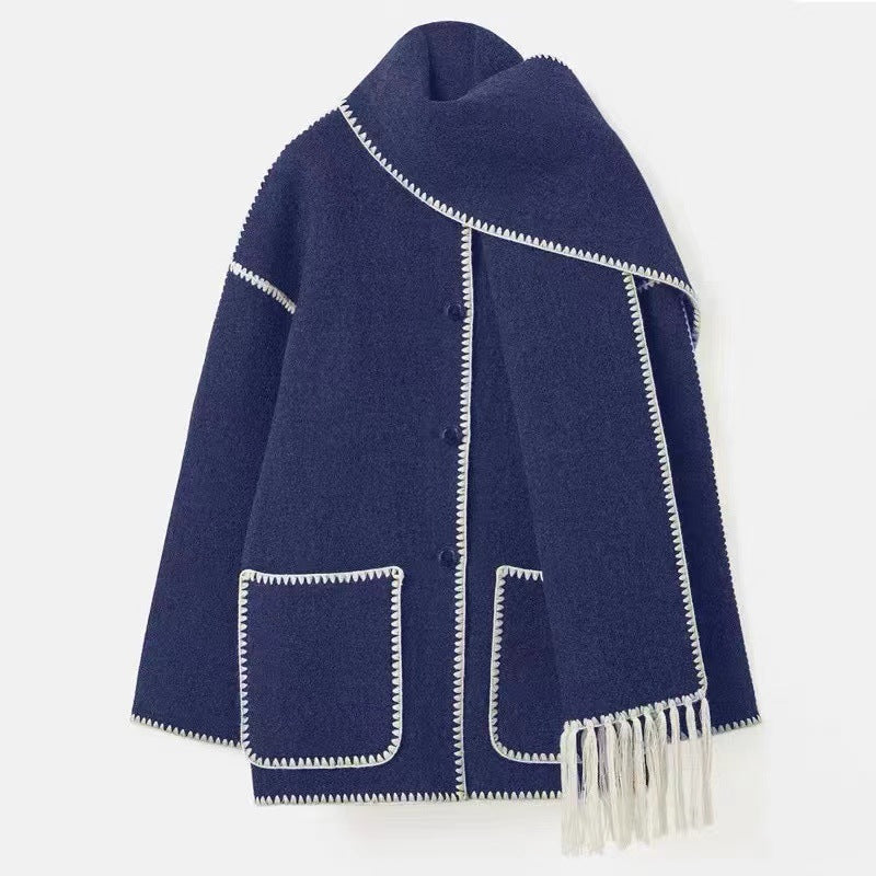 Women's Fashion Woolen Thick Loose With Scarf Coats