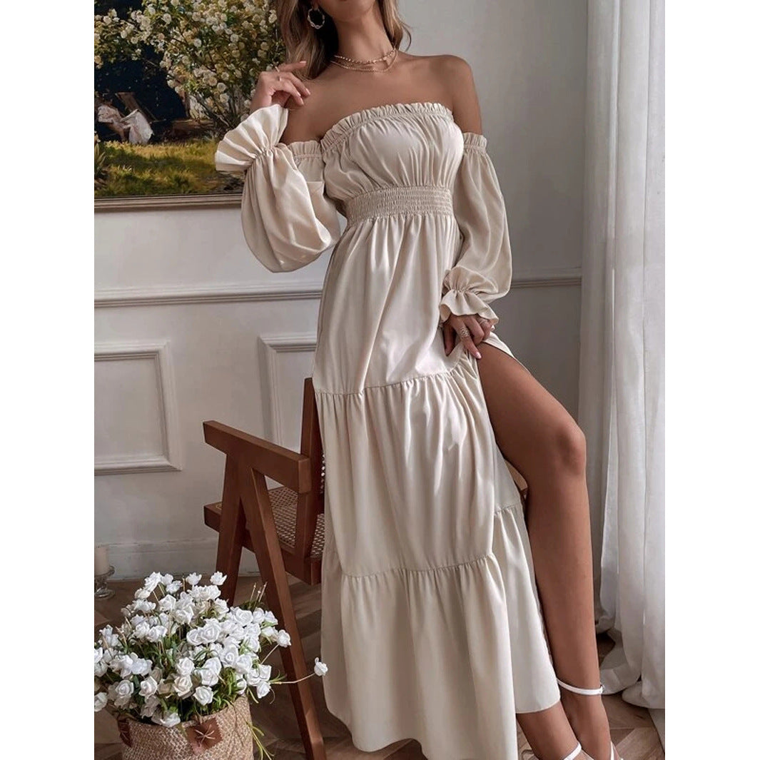 Ruffled Long Sleeve High Slit Dress Dresses