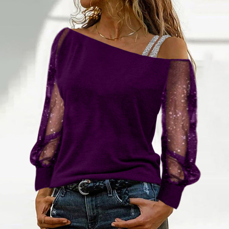 Diagonal Collar Gauzy Long Sleeve T-shirt Fashion Blouses