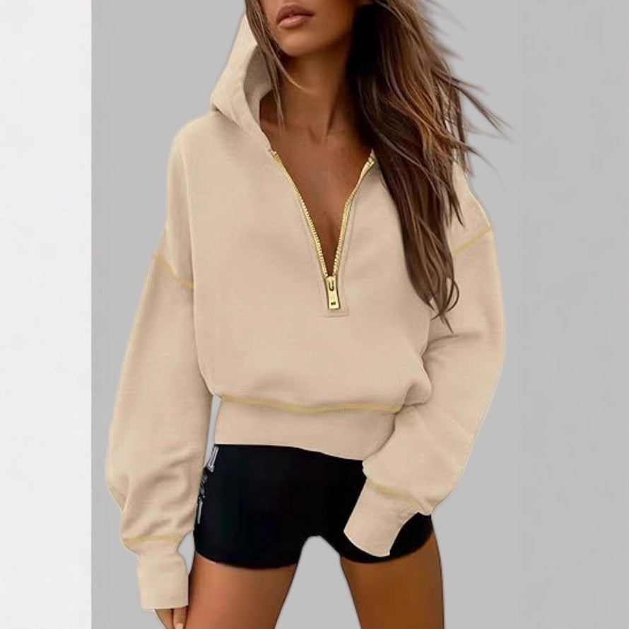 Women's Half Zipper Ladies Hooded Long-sleeved Fashion Sweaters