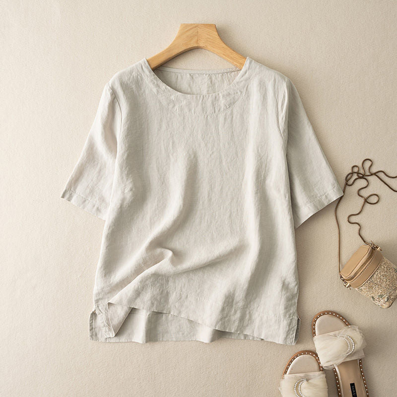 Women's Linen Sleeve T-shirt Artistic Retro Elegant High-grade Summer Loose Blouses