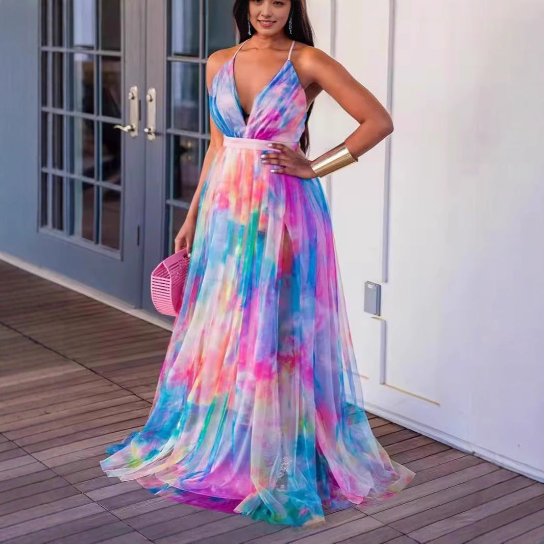 Casual Fashion Rainbow Multicolor Brace Tulle Dress