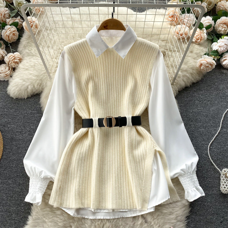 Women's Loose Long-sleeved White Collar Split Light Tops