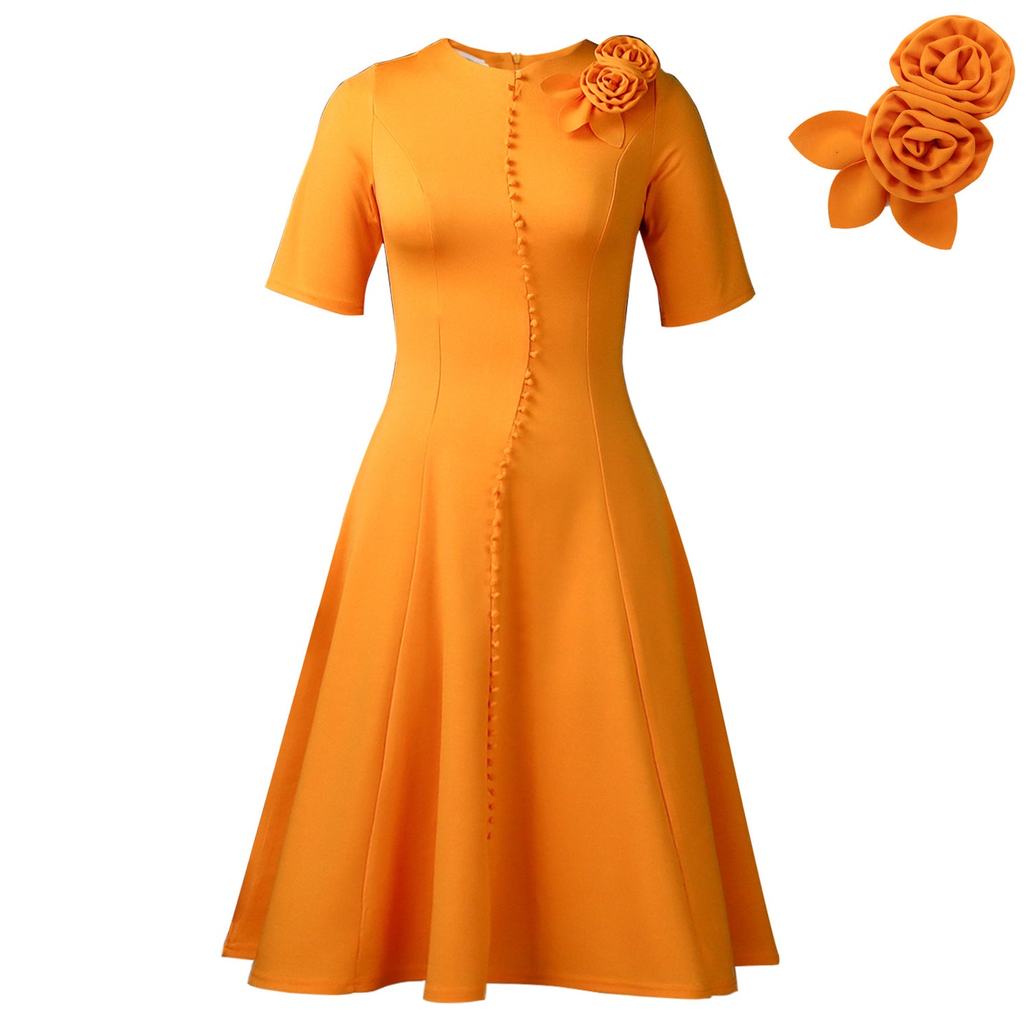 Women's Short-sleeved Solid Color Round Neck Elegant Dress