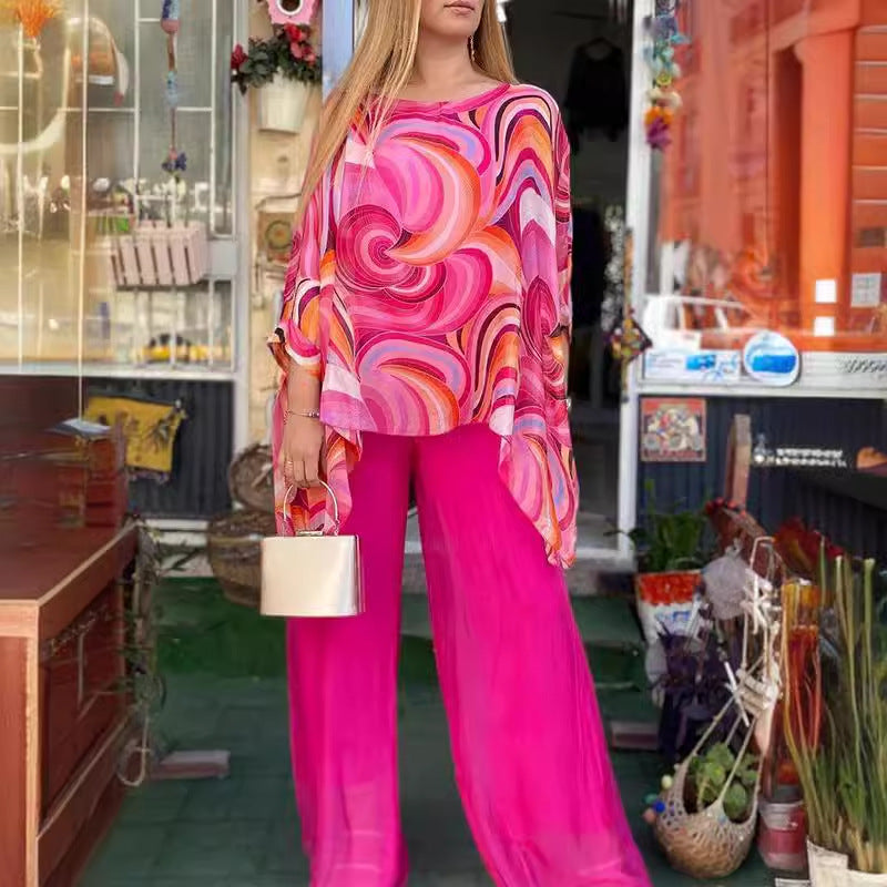 Women's Summer Colorful Chiffon Casual Round Neck Suits