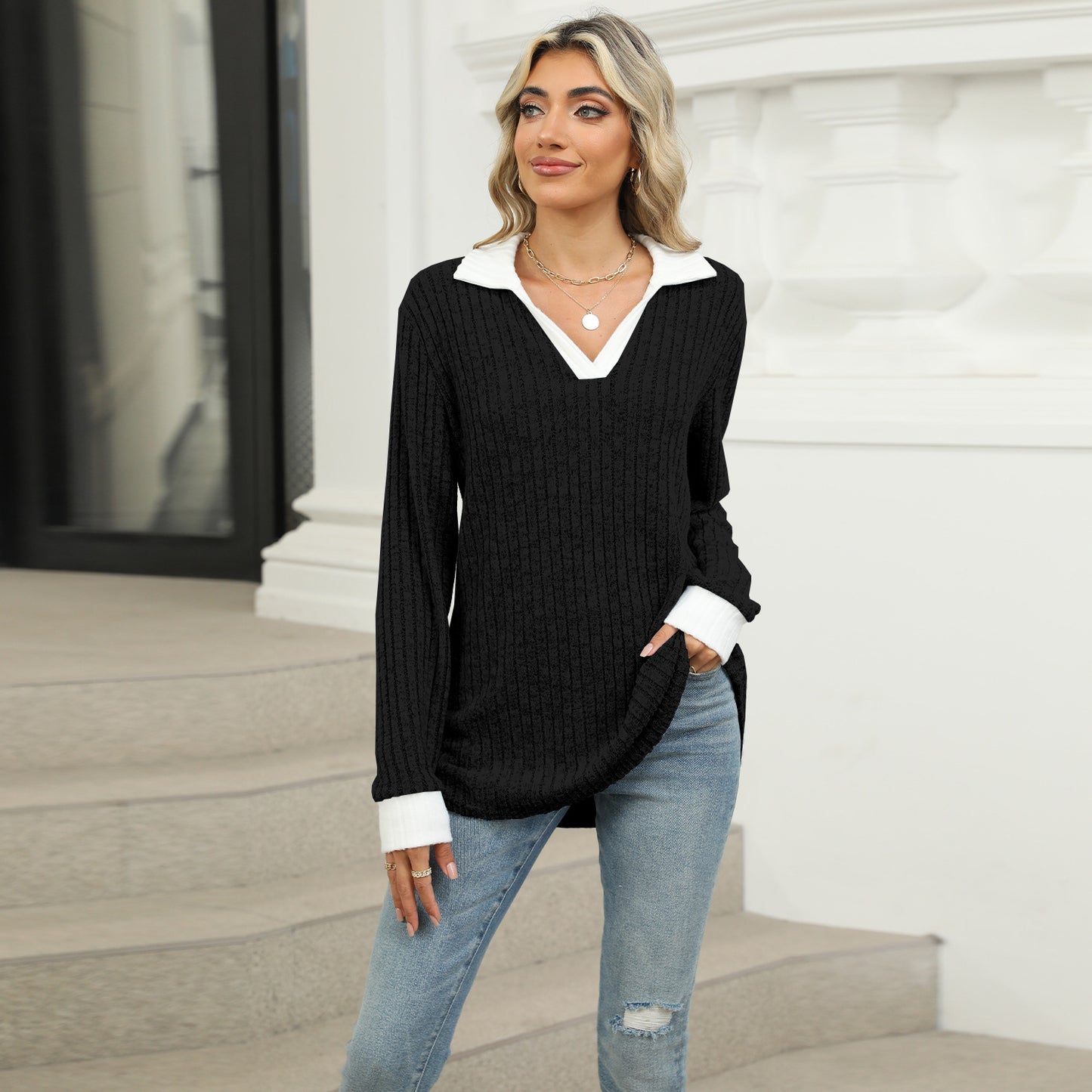Women's Contrast Color Lapels Long Sleeve Loose-fitting Blouses