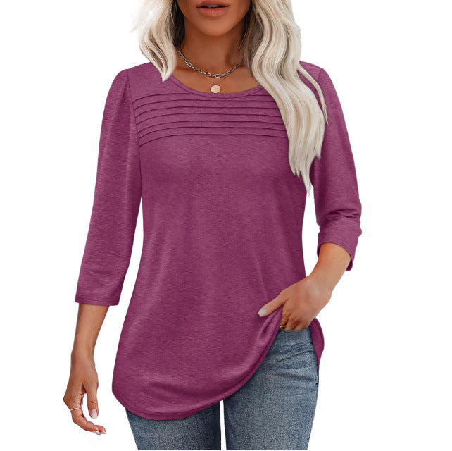 Solid Color Round Neck Long-sleeved Striped Blouses