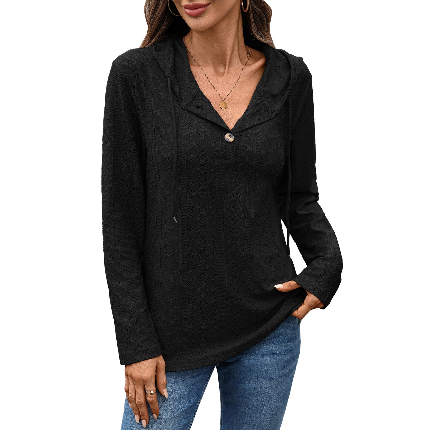 Women's Solid Color Buttons Hooded Loose Long Women's Sweater, Sweater