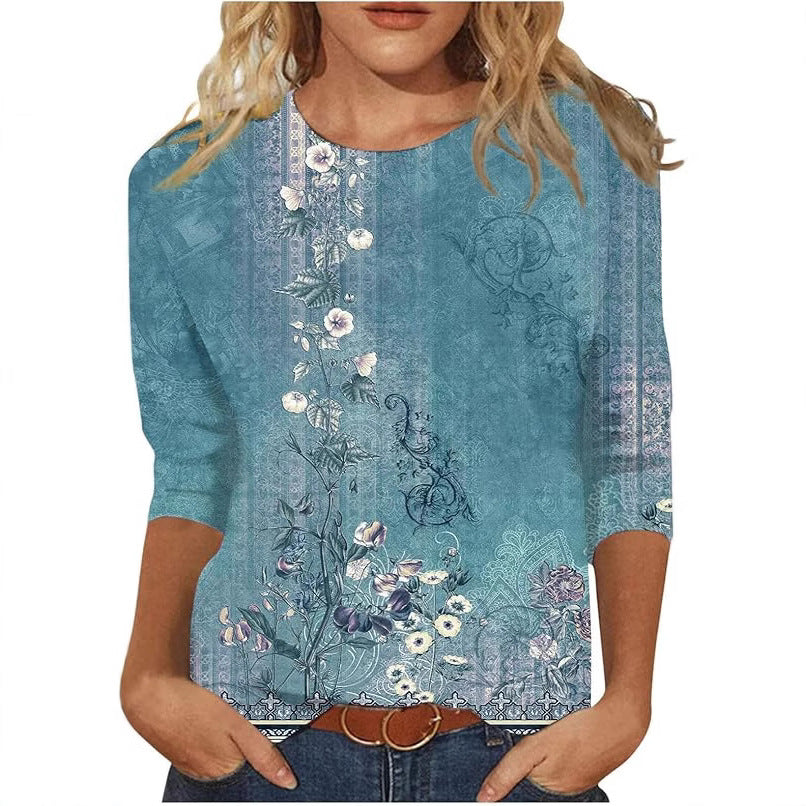 Women's Printed Sleeves Loose Crew Neck Casual Blouses