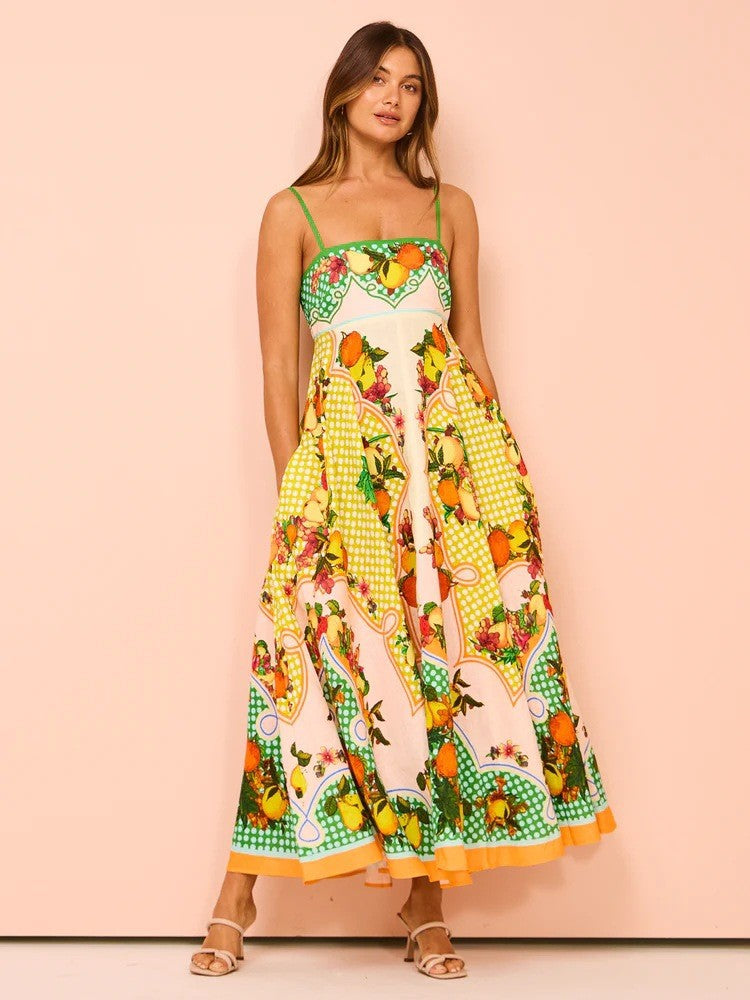 Women's Sexy Strap Iti Linen Printed Large Dress