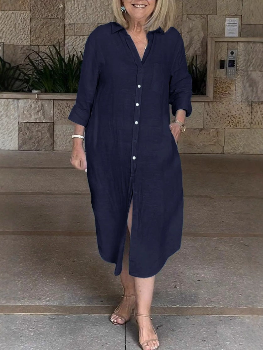Women's Pocket Casual Polo Collar Single-breasted Cotton Dress