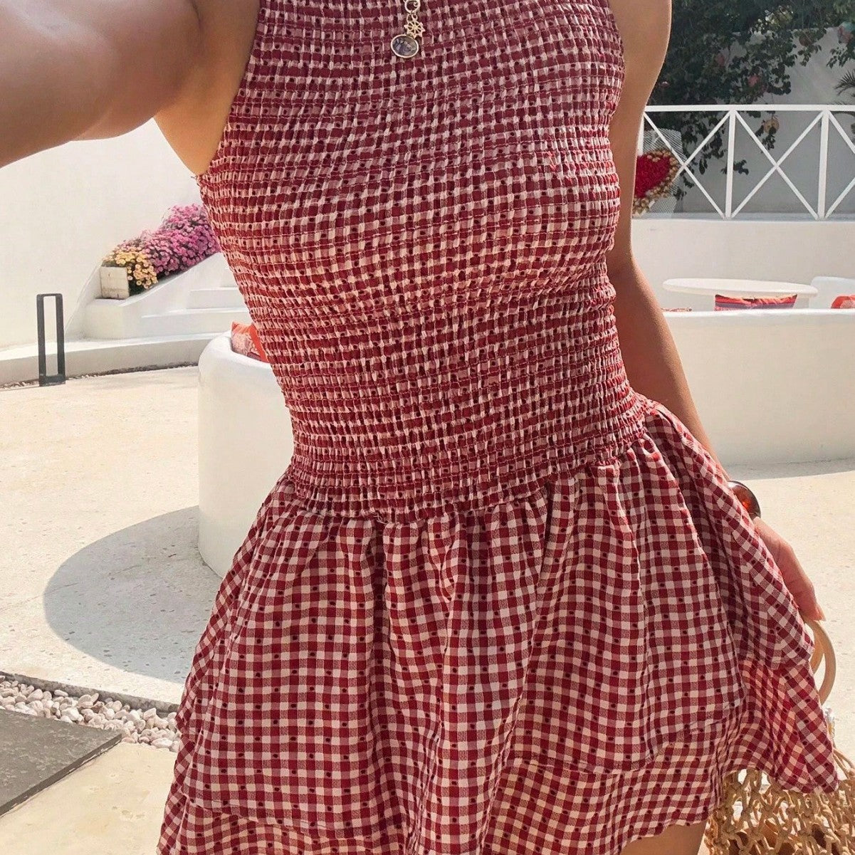 Retro Sleeveless Plaid Fitted Waist Pleated Camisole Tiered Dress