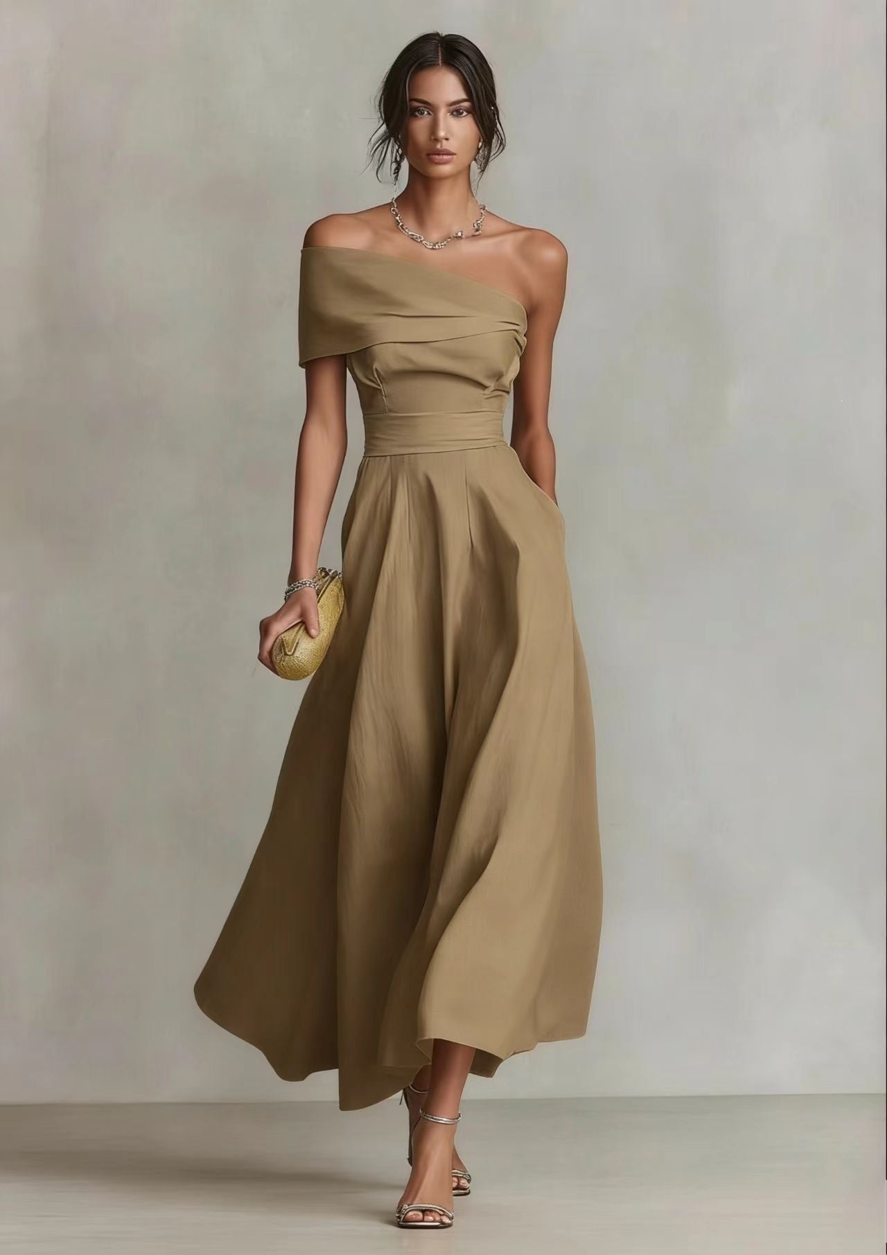 Women's Solid Color Waist Tight Slant Shoulder Collar Backless Dress