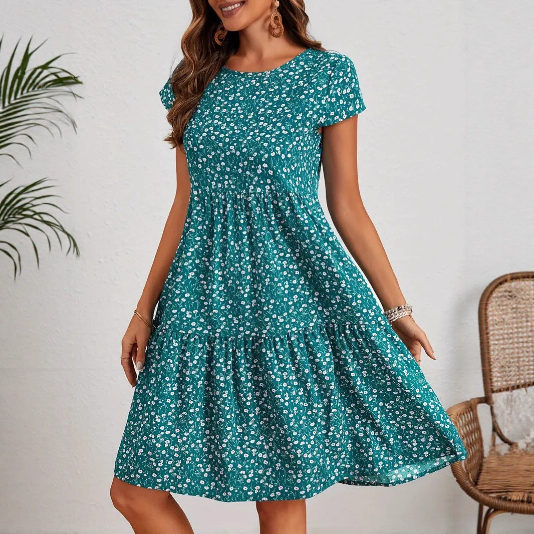 Summer Printed Round Neck Sleeve Casual Dress