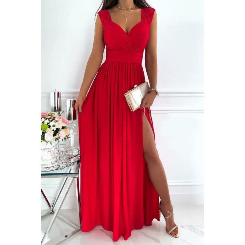 Women's Sleeveless Lace Backless Slit Hemline At Dress