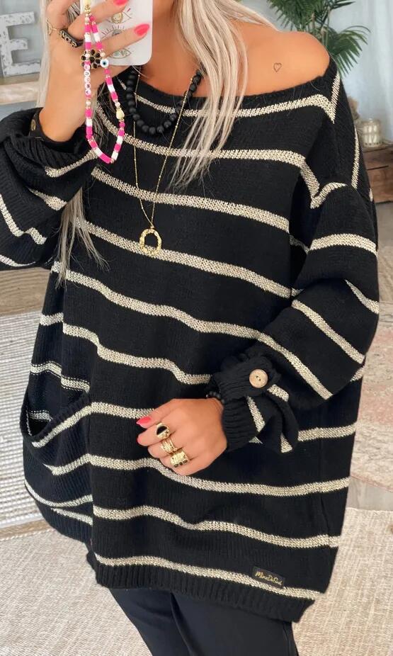 Women's Contrast Color Striped Pullover Round Neck Sweaters