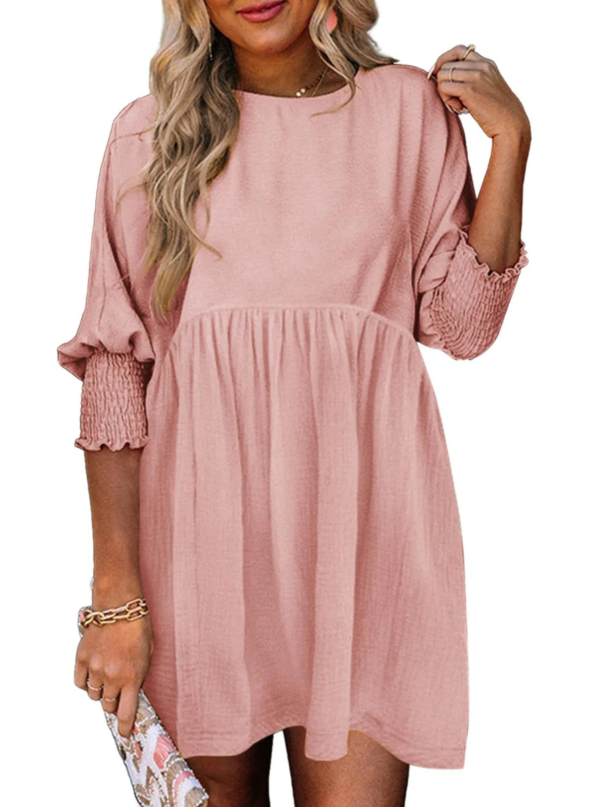 Women's Round Neck Girdle Cuff Pleating Casual Dresses