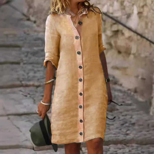 Women's Collar Half Sleeve Large Round Buckle Cotton Dresses