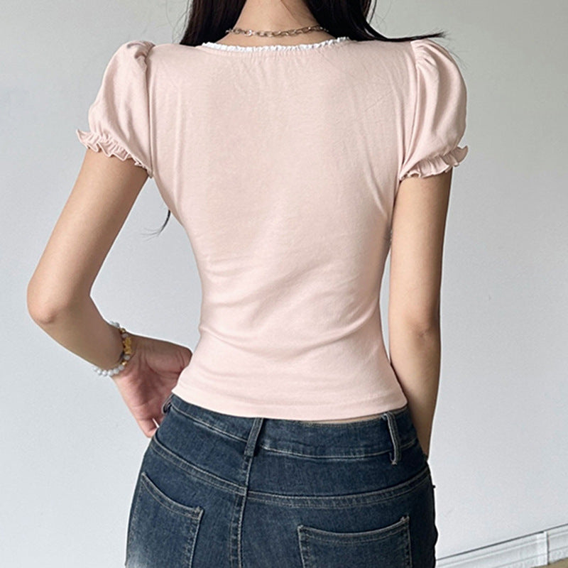 Women's Sleeve Sweet Fresh Pleated Bow Bandage Cinched Slimming Blouses