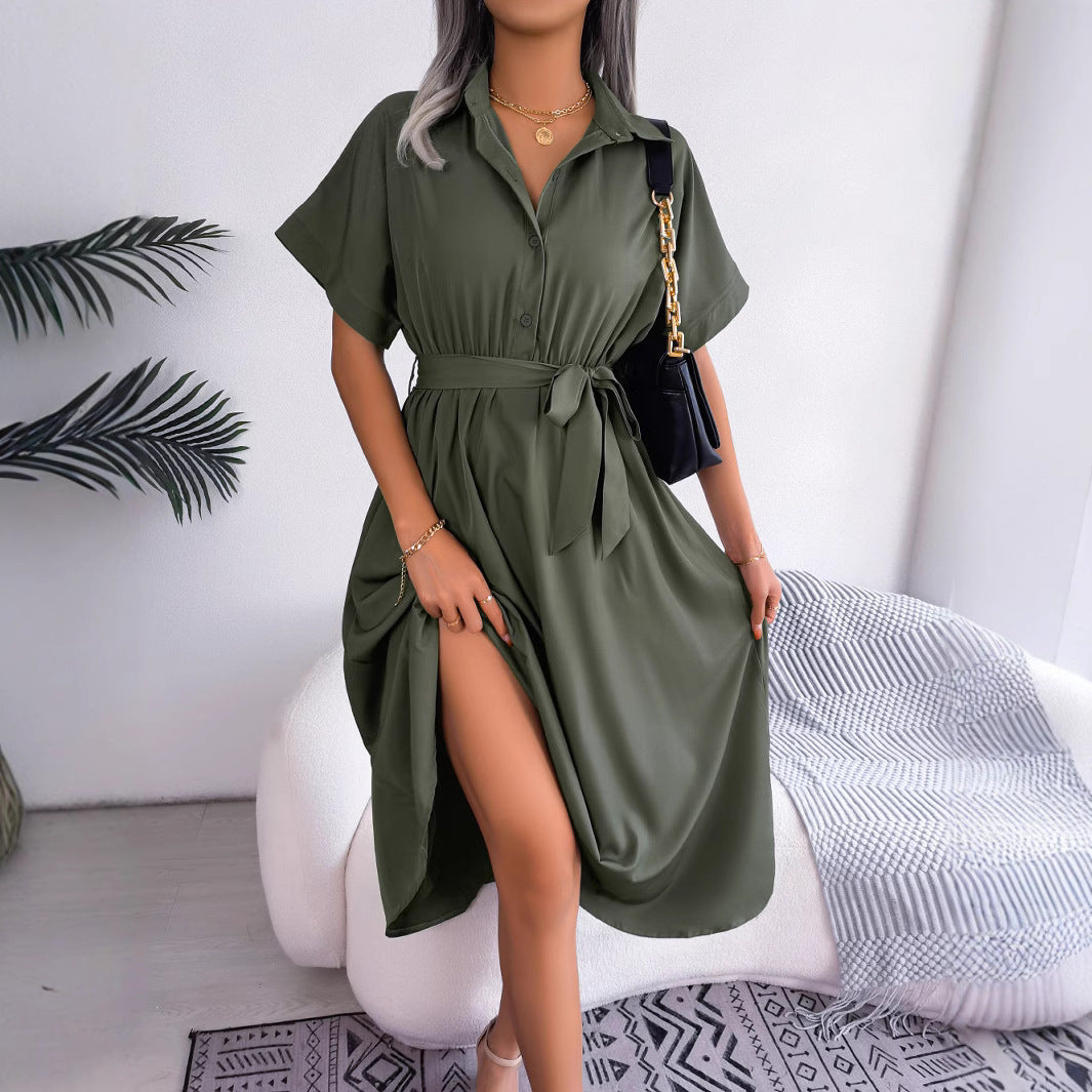 Women's Wind Casual Loose Pure Color Tied Shirt Dress