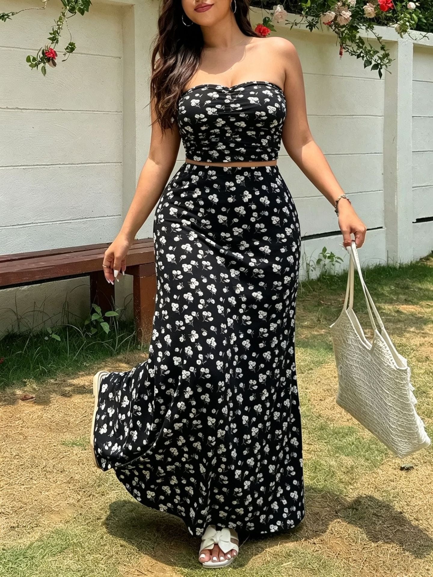 Summer French Style Small Floral Print Tube Vacation Two-piece Dress