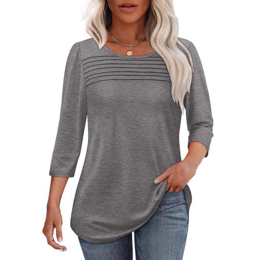 Women's Round Neck Sleeves Chest Tuck Line Blouses