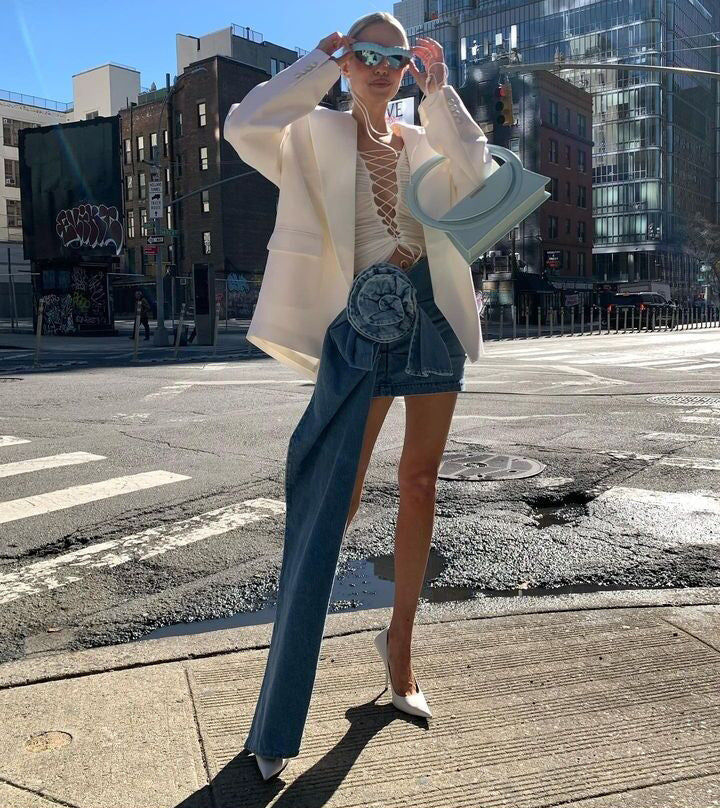 Layered Streamers Rose Handmade Flower Denim Skirts