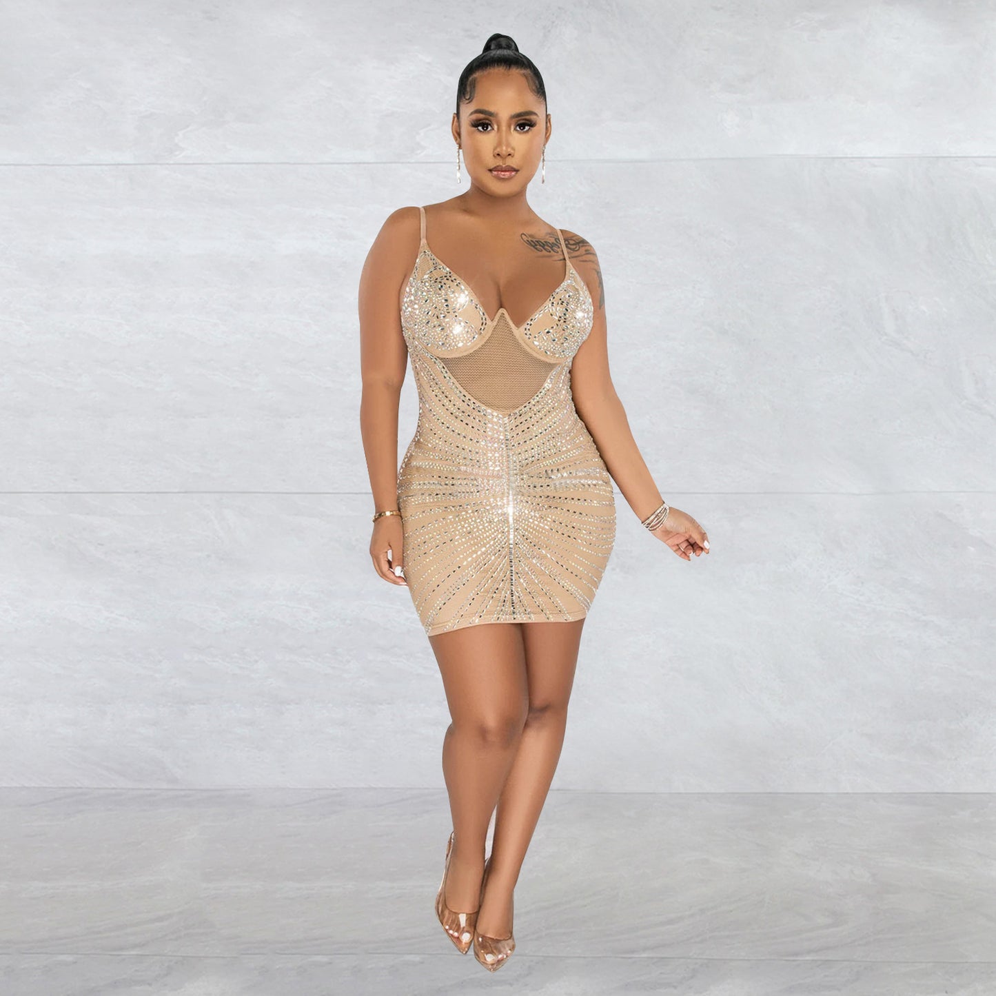 Women's Fashion Wear Rhinestone Mesh Camisole Sleeveless Dresses