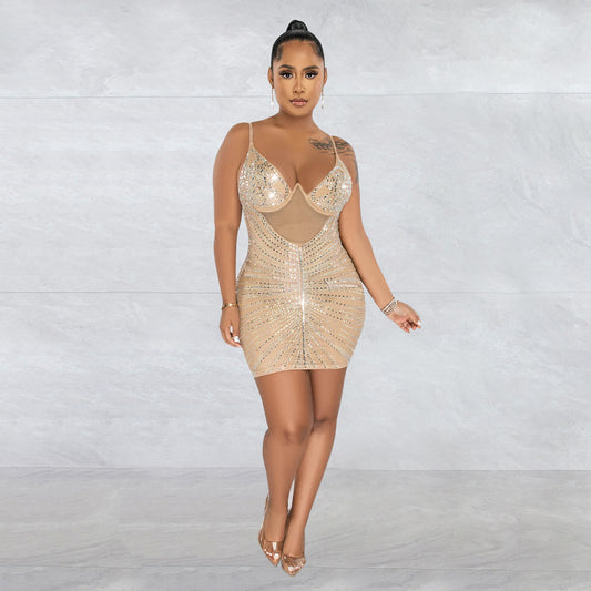Women's Fashion Wear Rhinestone Mesh Camisole Sleeveless Dresses