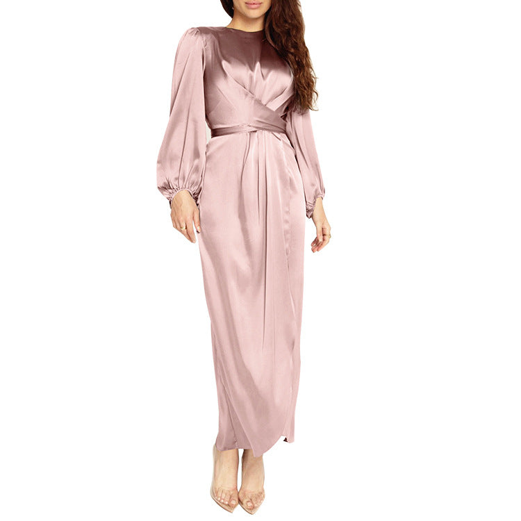 Fresh Sweet Satin Long Lantern Sleeve Lace Dress