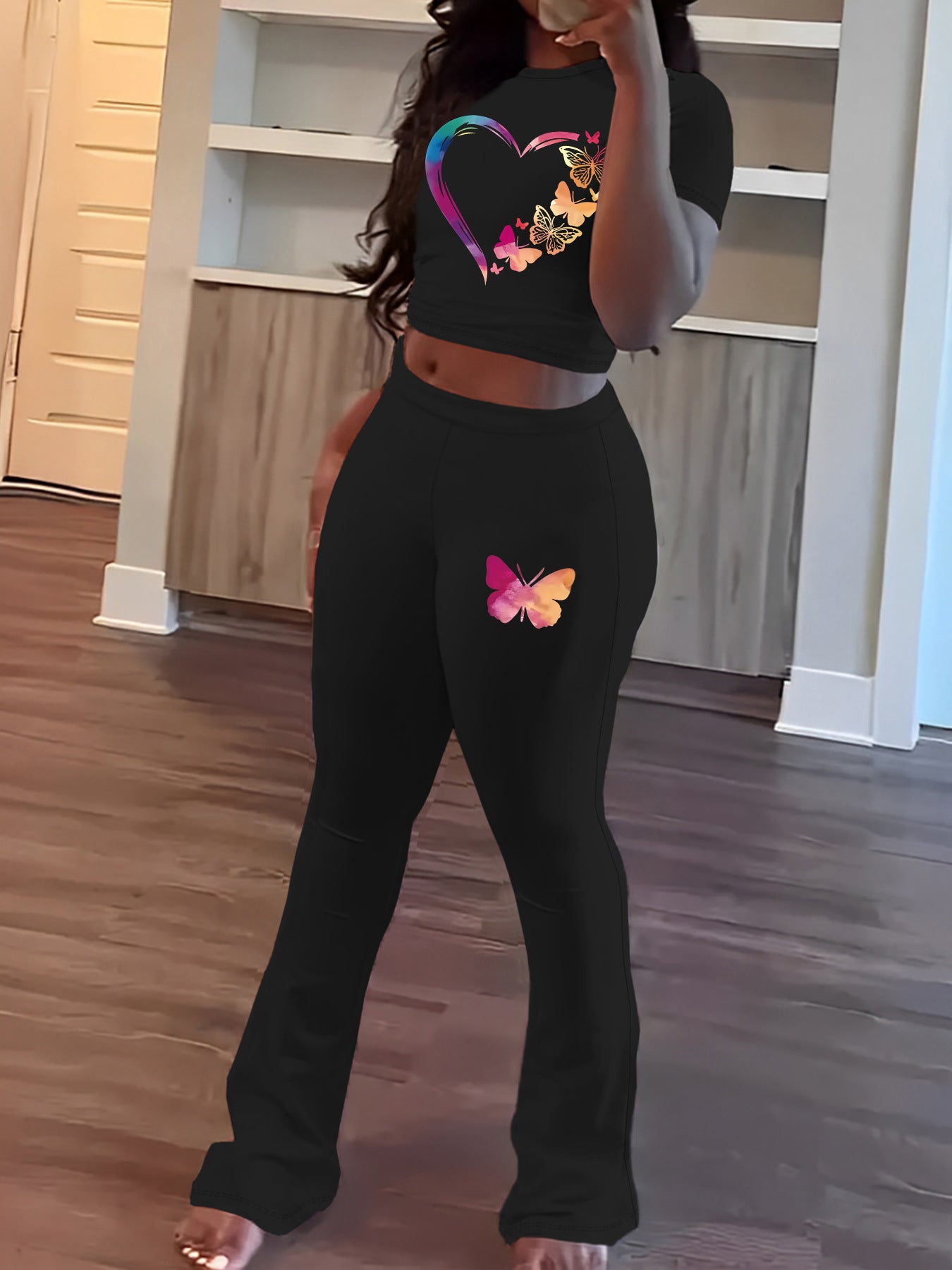 Women's Spring Printing Short-sleeved Round Neck Trousers Suits