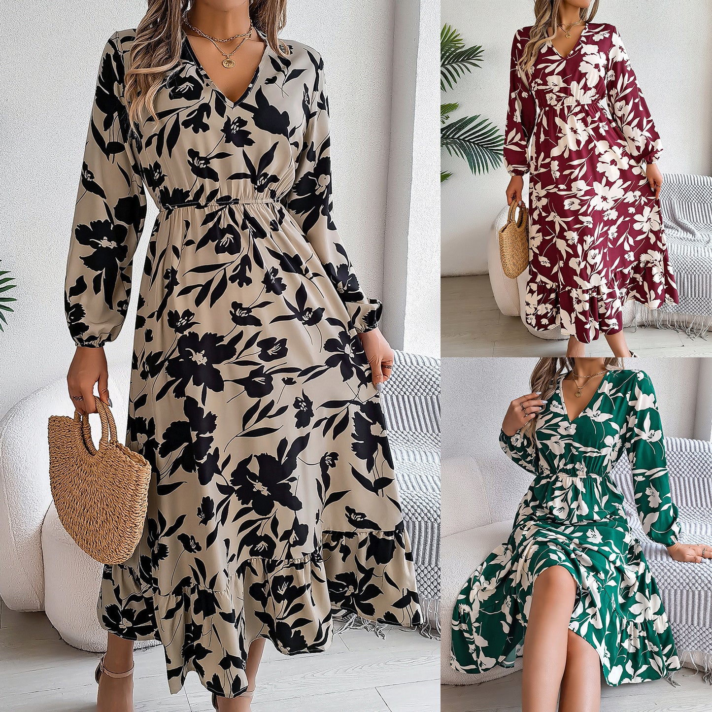 Women's Casual Flower Long Sleeves Ruffles Dress