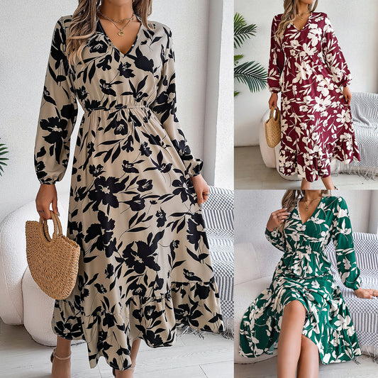 Women's Casual Flower Long Sleeves Ruffles Dress