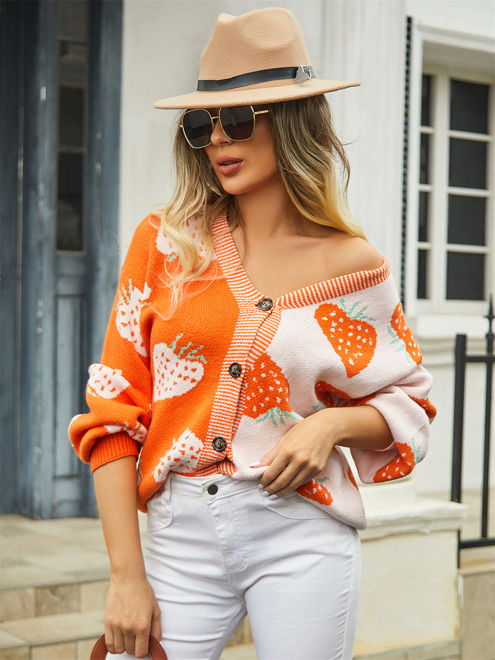 Pretty Attractive Women's Spring Buttons Strawberry Sweaters