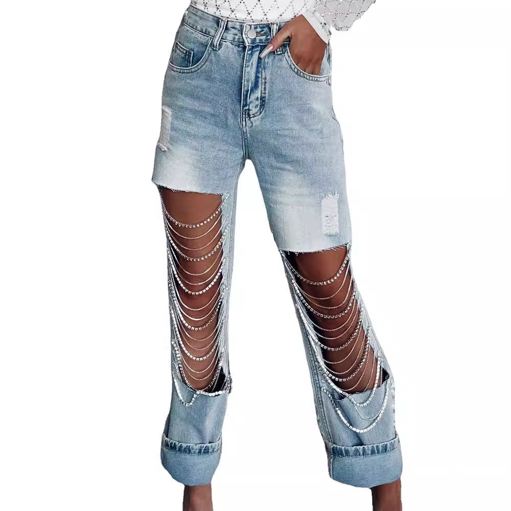 Women's Early Spring Style Big Ripped Chain Jeans