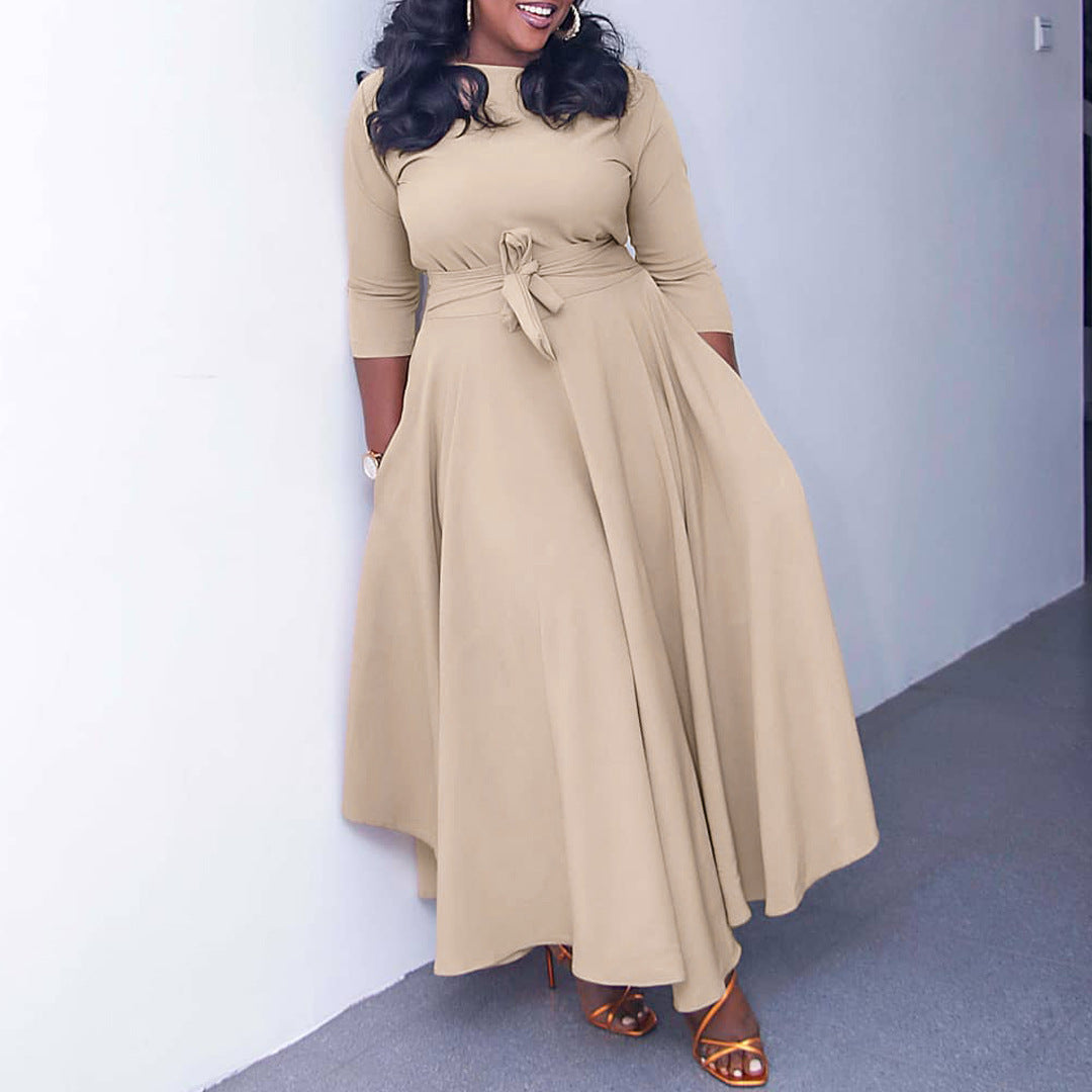 Women's Fashion Temperament Pure Color Large Swing Dress