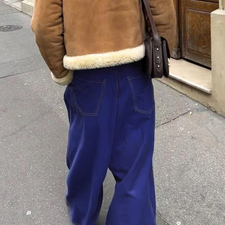 Women's American Style Double Pocket Blue Trousers Loose Pants