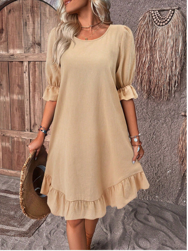 Women's Cotton Linen Half Sleeve Round Neck Solid Color Loose Big Dress