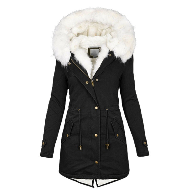 Women's Trench White Fur Collar Hood Warm Coats