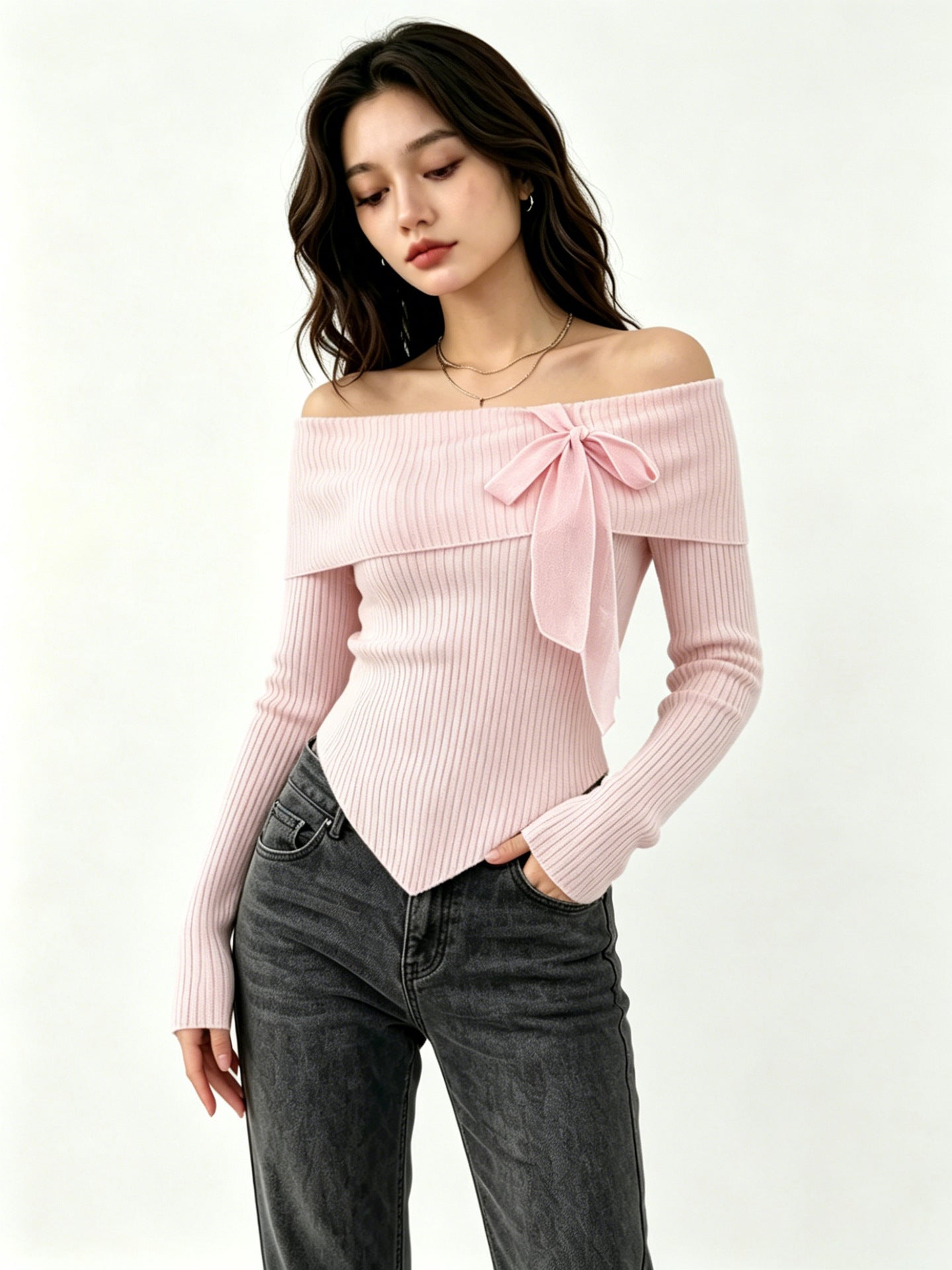 French Sunken Stripe Knit With Bow Tops