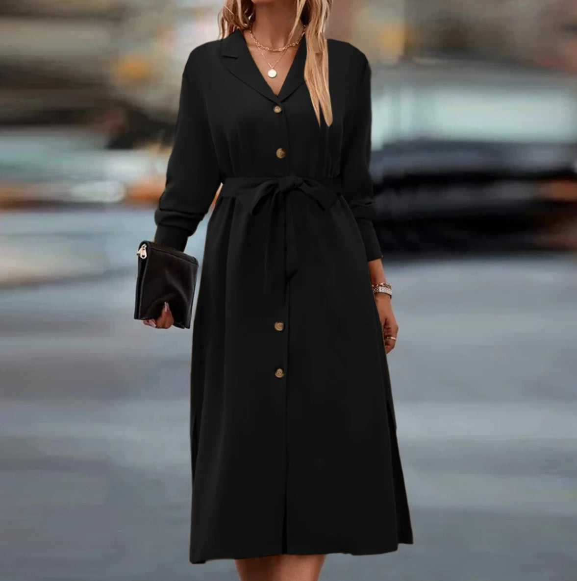 Women's Solid Color Lapel Tied Long Sleeve Dresses