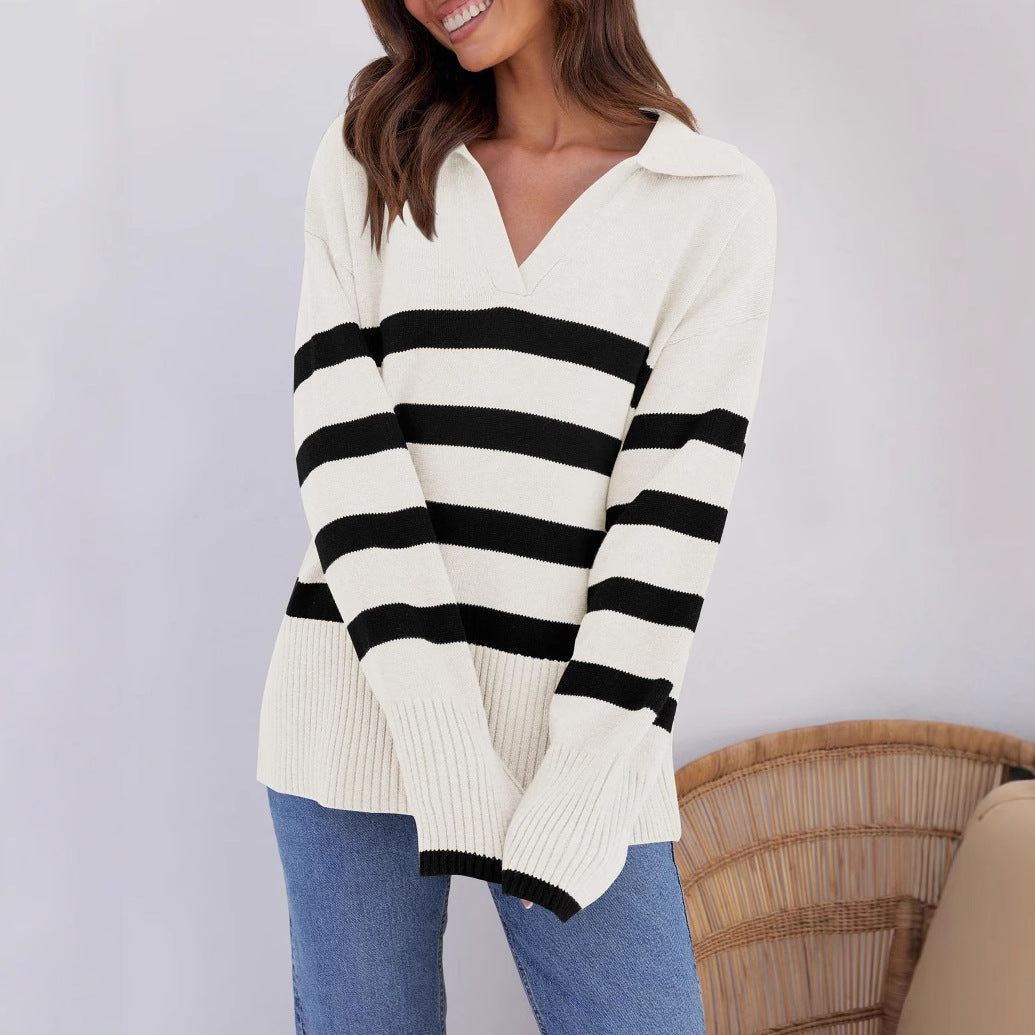 Women's Basic Loose Long Sleeve Outerwear Striped Polo Collar Sweater