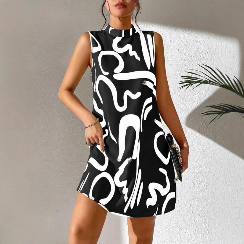 Stylish Women's Summer Printed Stand Collar Dress