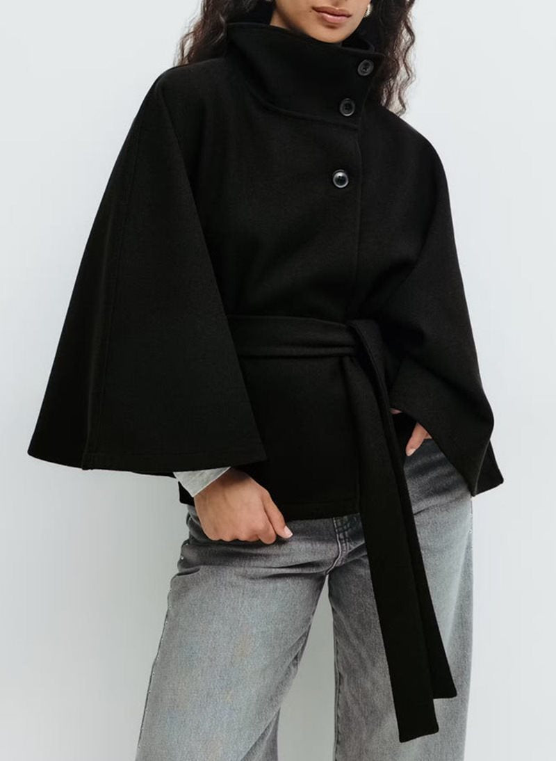 Women's Fashion Solid Color Cloak Stand Collar Button Coats