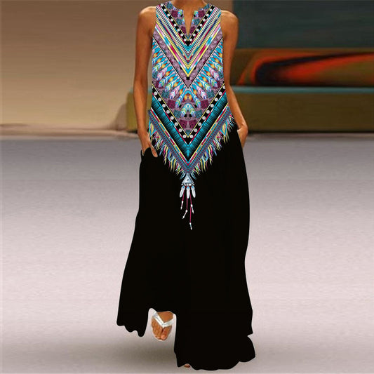 Vintage Printed Long Dress Collar Sexy Dresses